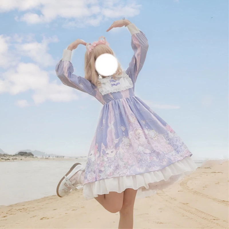Lolita Sweet Teens Soft Girl Cosplay Dress Women Peter Pan Collar Gothic Kawaii Lace Ruffle Bandage Princess Tutu Pink | Женская одежда
