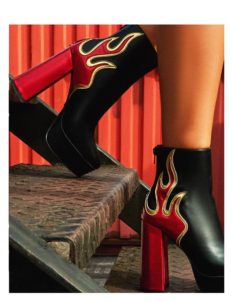 ablaze white flame detail platform block heeled ankle boots