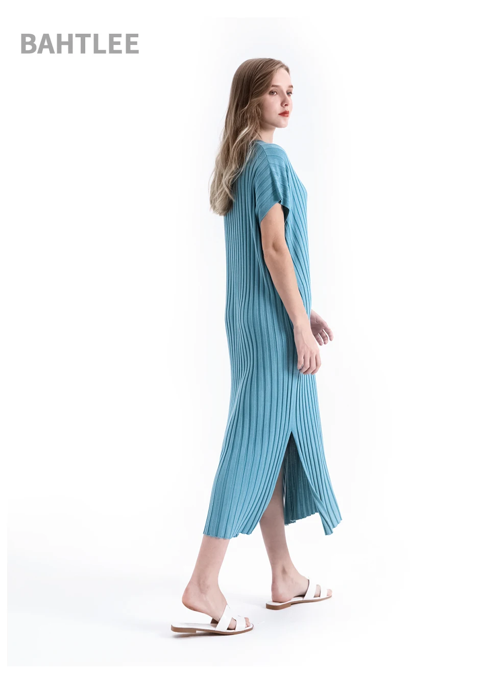 BAHTLEE Свободные повседневные трикотажные платья-футляр Женские однотонные V образным вырезом с коротким рукавом облегающее длинное платье Morandi