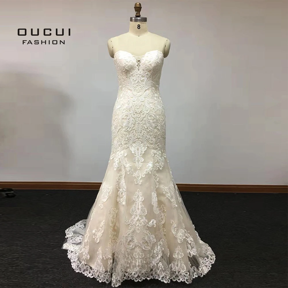 Кружевное длинное свадебное платье русалки большого размера Vestido De Noiva без бретелек винтажные Свадебные платья без рукавов со шлейфом OL103586