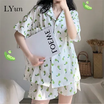 

LYun Ladies Cotton Pajamas Comfortable Print Pajamas Short Sleeve Shorts Three-Piece Home Service Cute Cartoon Pajamas