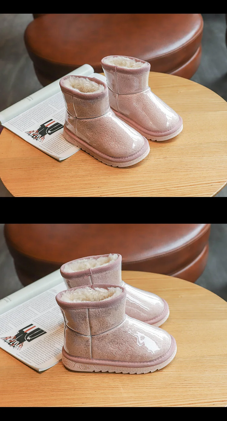 New Fashion Children's Snow boots Winter Girls Patent leather fur martin boots Velvet Thicken boys Warm cotton princess boots