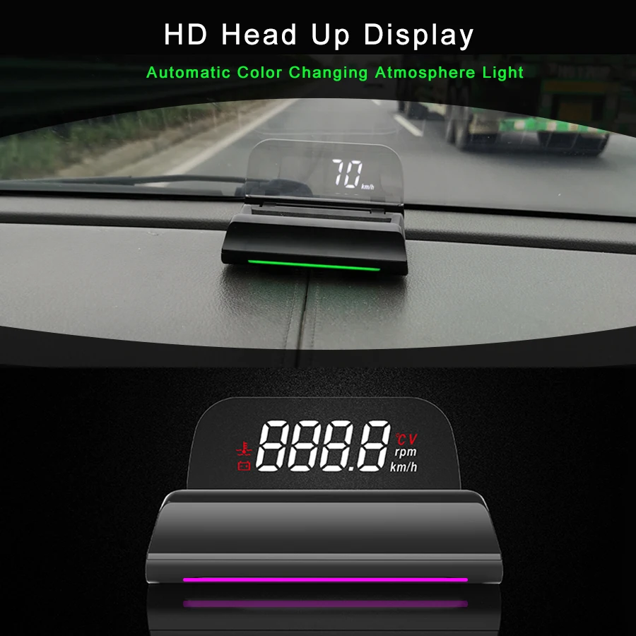 obd HUD Head Up Display 4K+ HD Speedometer Water Temperature RPM With Ambient Light Overspeed Warning Voltage OBDII KM/H | Автомобили и