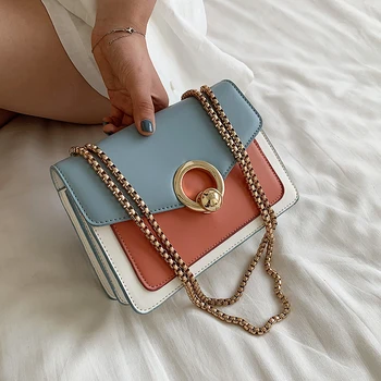 

Contrast Color PU Leather Crossbody Bags For Women 2020 Chain Design Shoulder Messenger Handbags Summer Travel Flap Bag
