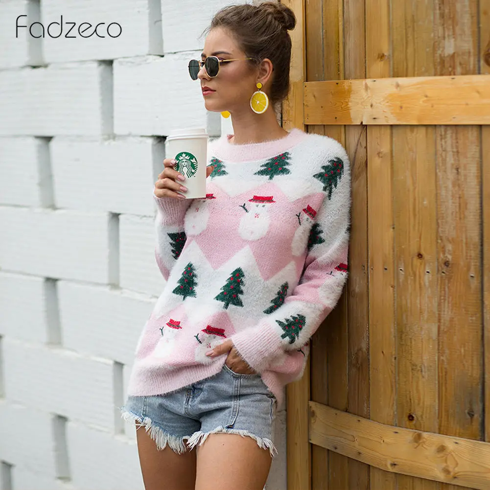 Fadzeco, Женский вязаный Рождественский свитер, зима-осень, Повседневный, свободный, с рисунком рождественской елки, снеговика, пуловеры, свитер