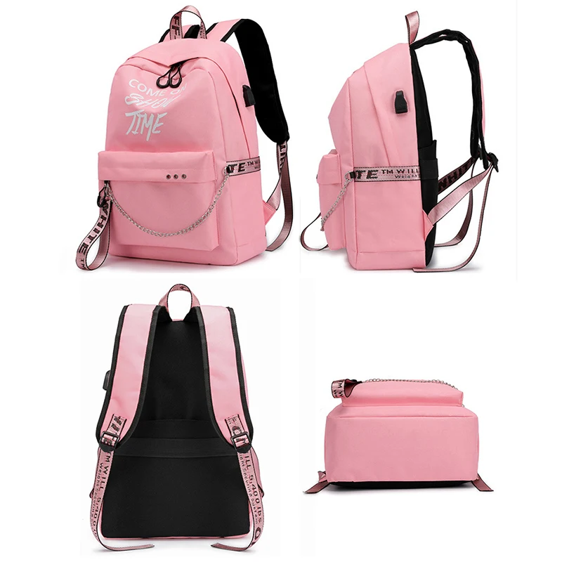 USB Charge Luminous Chain Nylon female book bag backpack schoolbag school bag travel pack fashion women teenage teenagers girls