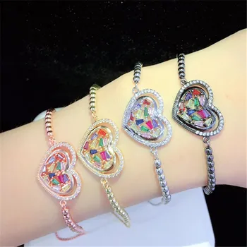 

10pcs/lot High Quality Brass Bracelet Pave Rainbow Cubic Zirconia Heart Adjustable Bracelet Fashion Jewelry