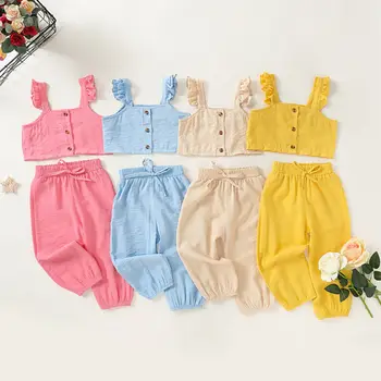 

1-6T Toddler Kids Baby Girl Clothes set Ruffles Sleeveless T-shirt Crop Top Pants suit Elegant Casual Plain Outfit Tracksuit