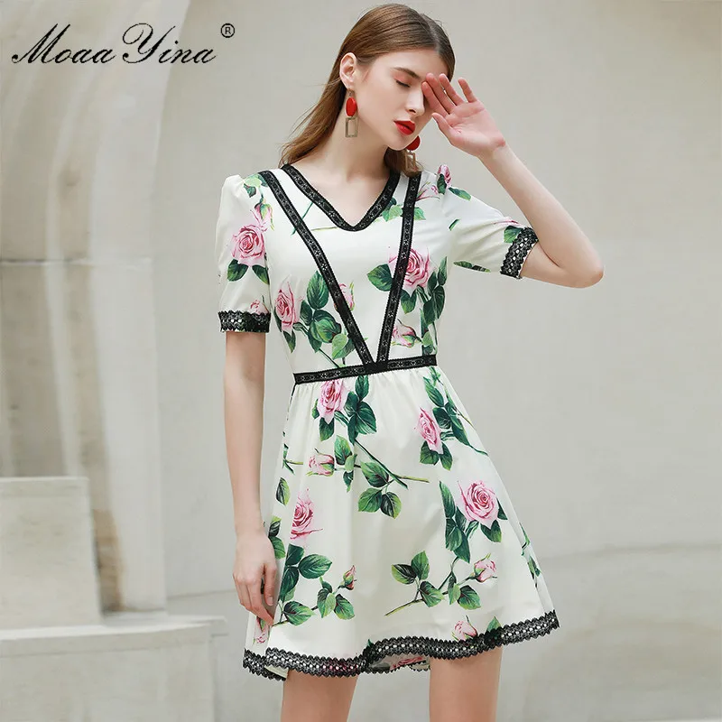 MoaaYina Fashion Designer dress Summer Women's Dress V-neck Short sleeve Floral-Print Lace Slim Elegant Dresses MoaaYina Fashion Designer dress Summer Women's Dress V-neck Short sleeve Floral-Print Lace Slim Elegant Dresses