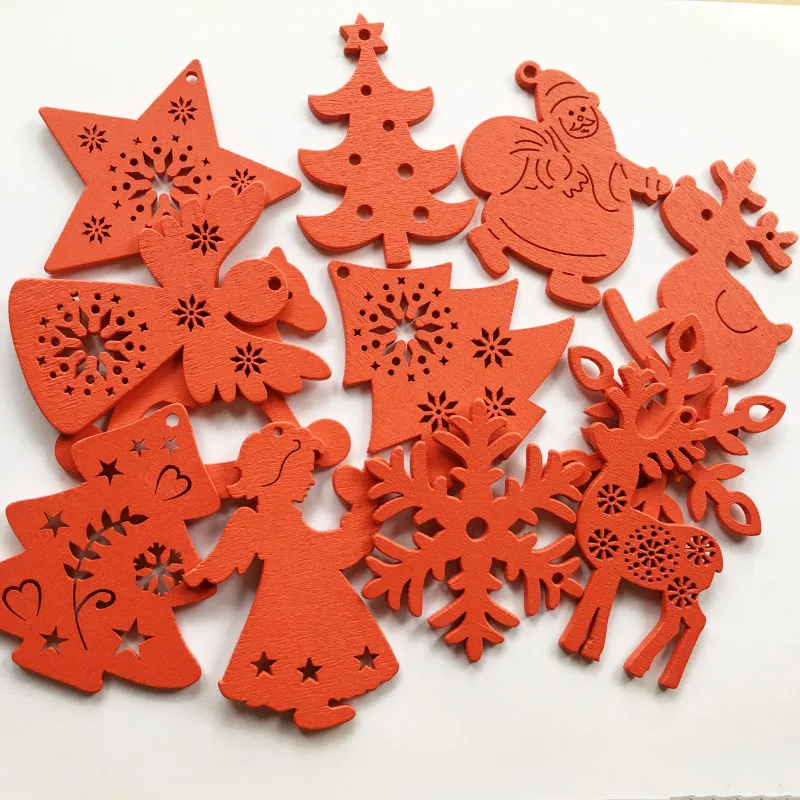 

34 Styles 10pcs Christmas Tree Wooden Hanging Pendants White Red Carved Wood Charms for Christmas Party Xmas Tree Ornaments