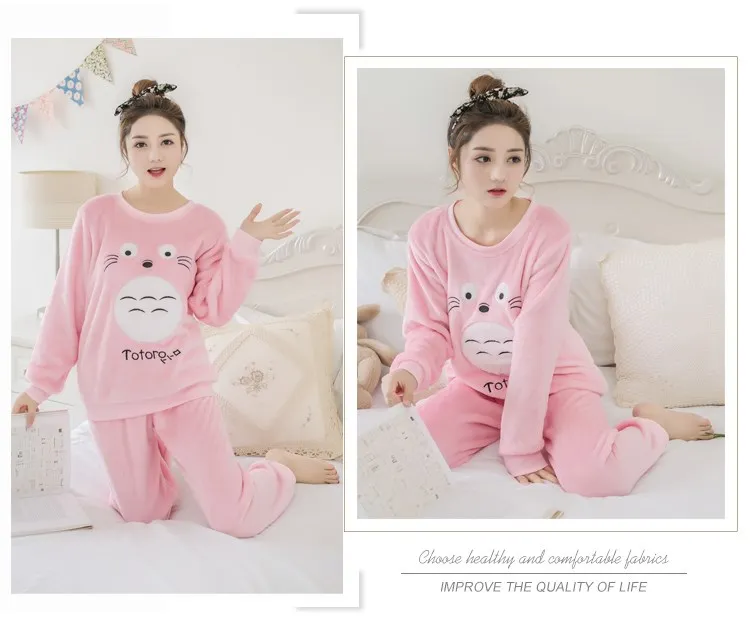 Корейская фланелевая теплая Пижама для женщин, домашний костюм с длинным рукавом, Дамская одежда для сна, бархатный пижамный комплект с рисунком, толстая женская пижама Pyjamas08