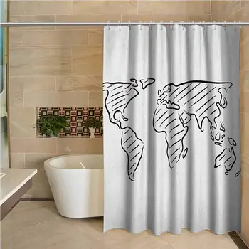 

World Map Waterproof and colorful shower curtain Illustration of Outline Sketch of the World Map in Drawing Effect Artwork Print