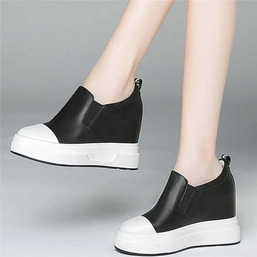 

Black White Fashion Sneakers Women Genuine Leather Platform Wedges High Heel Pumps Shoes Female Slip On Round Toe Casual Shoes