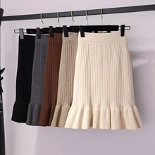 Эластичные женские плиссированные юбки средней длины с оборками, Женская осенне-зимняя теплая трикотажная прямая юбка-карандаш трапециевидной формы, расклешенная юбка для школьниц