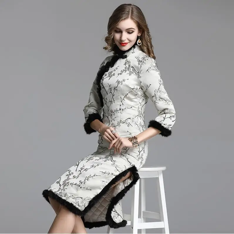 Cheongsam женское Новое Осеннее зимнее утолщенное хлопковое Стеганое теплое хлопковое пальто средней длины в стиле ретро китайское улучшенное пальто - Цвет: Бежевый