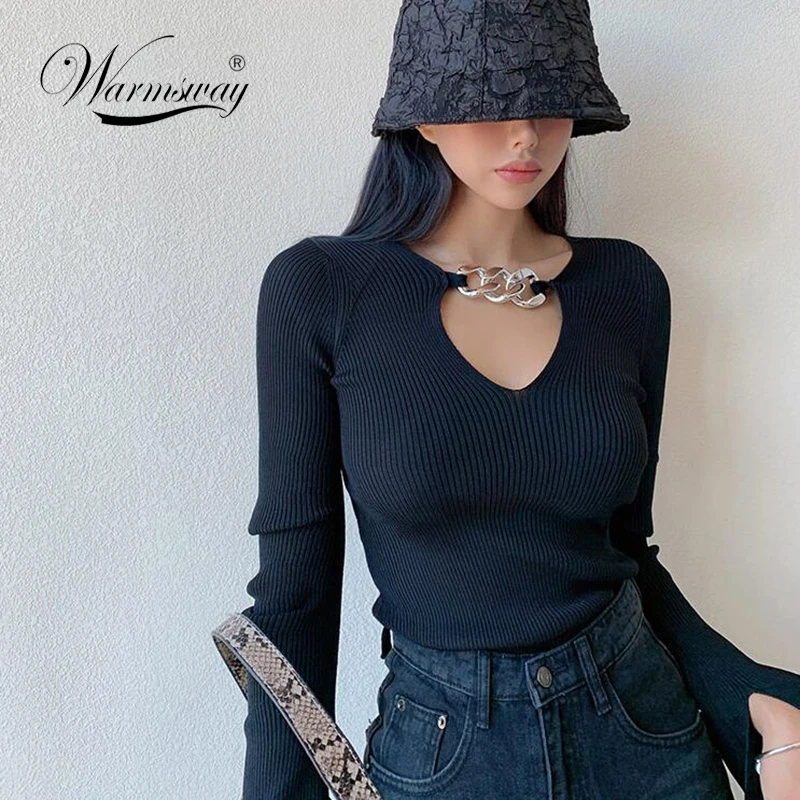 

Flare Sleeve Pullover Sweater Women Sexy V Neck Chain Hoolow Out Basic Slim Thin Knitwear Elastic Chic Top Pull Femme C-353