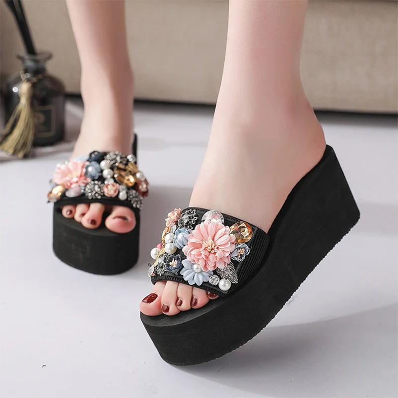 

Women Slippers Flowers Beach Shoes Out Side Platform Slipper Floral Woman Platform Shoes Ladies Shoes zapatos mujer Slides N7070