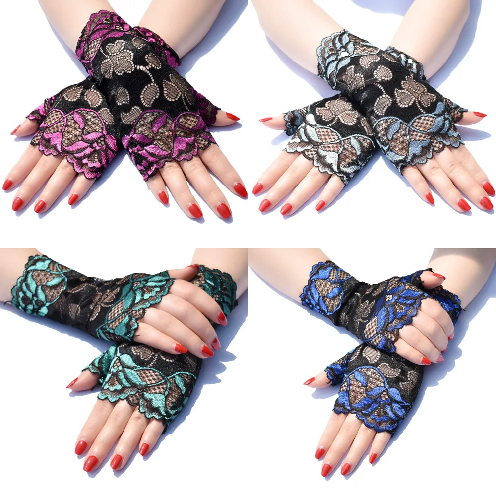 Spring Summer Women Goth Glove 2020 Lady Lace Patchwork Fingerless Wrist Length Thin Hollow Out Floral Embroidery Party Gloves