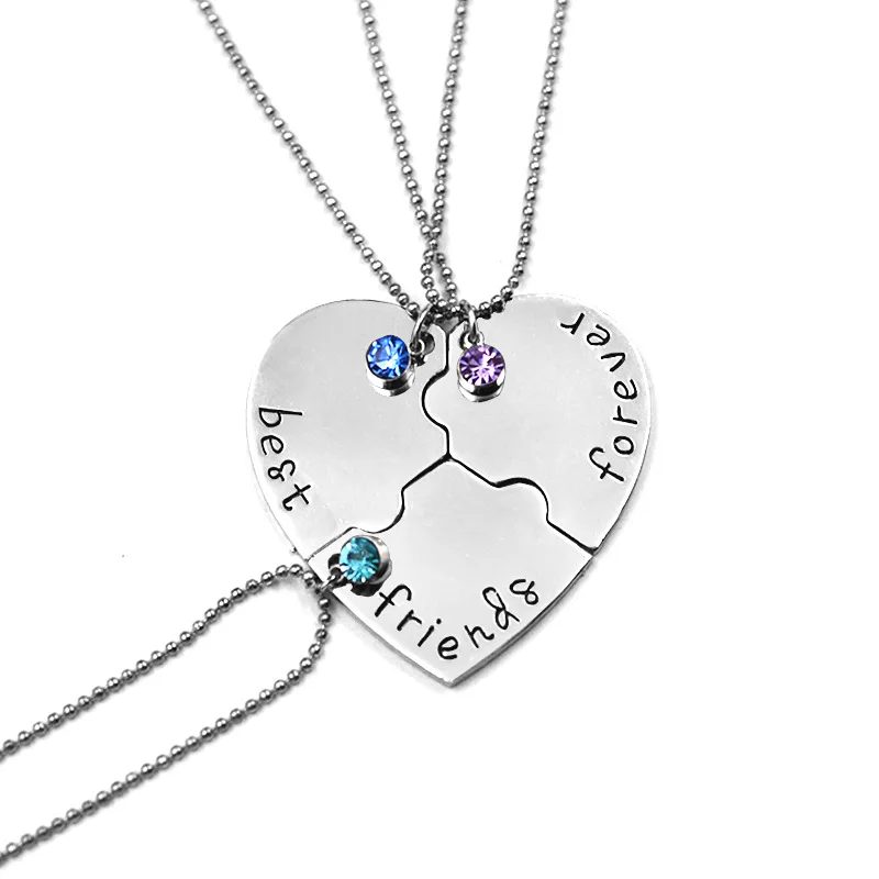 

Europe And America Necklace Best Friends Forever Set with Colorful Crystals Three Petal Jigsaw Puzzle Heart Necklace Manufacture