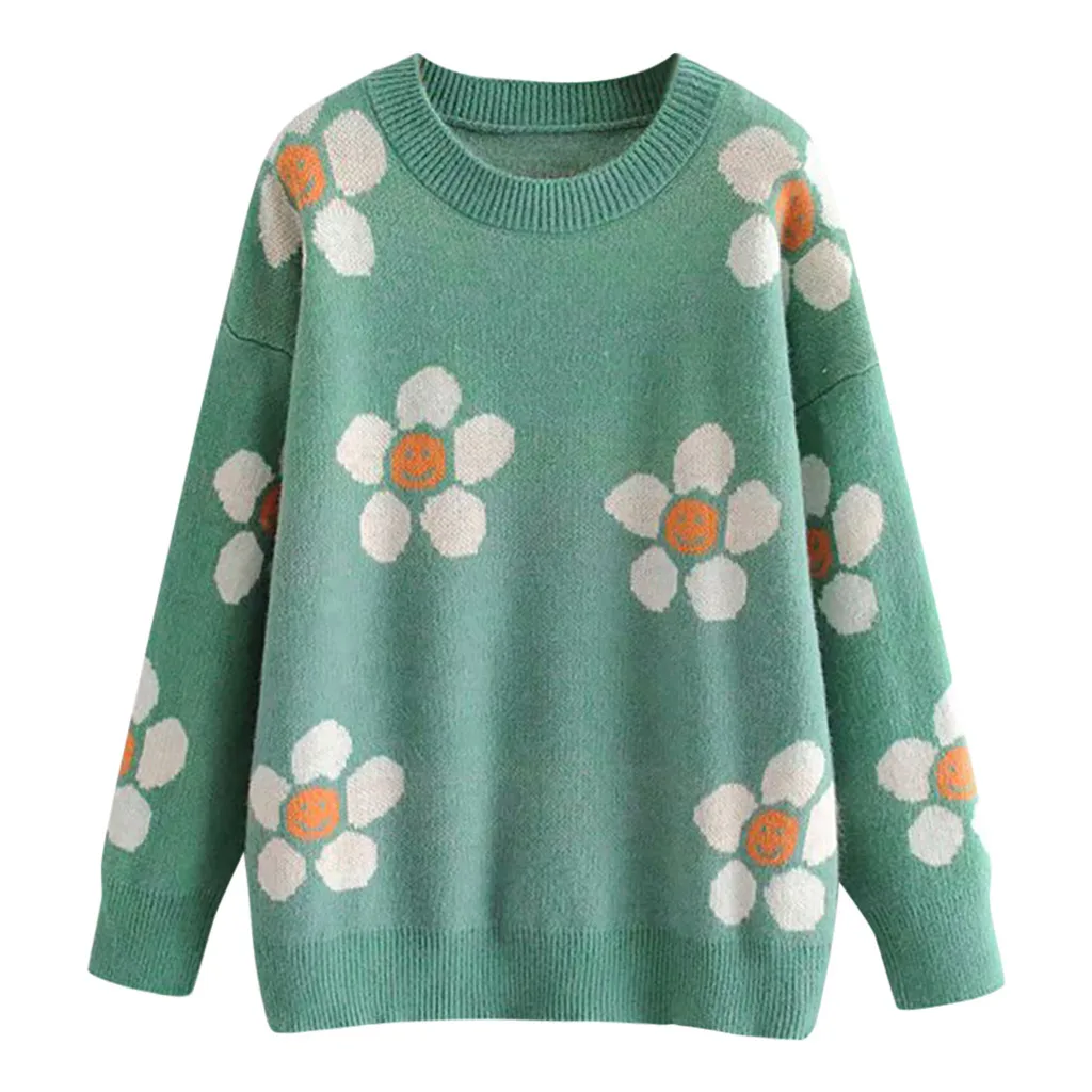 

2019 Fashion Women Sweater Autumn Winter Loose O-Neck Flower Printing All-match Sweater Long Sleeve Female Tops #BL25