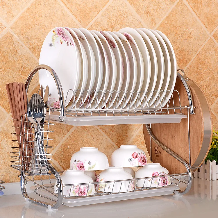 

[A Generation of Fat] Double-Disc Water Draining Dish Rack Multi-functional Dishes Knife And Fork Cutting Board Kitchen Storage