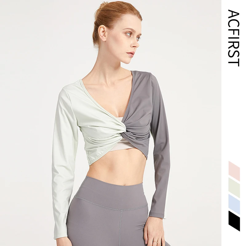 

AcFirst Women Long Sleeve Running Shirts Sexy Exposed Yoga T-shirts Solid Sports Shirt Quick Dry Fitness Gym Crop Top Reversible