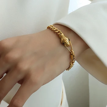 Peri'sBox Gold Color Green Eyes Snake Head Chain Bracelet For Women Punk Hip Hop Chunky Chain Bracelet Titanium Steel Jewelry