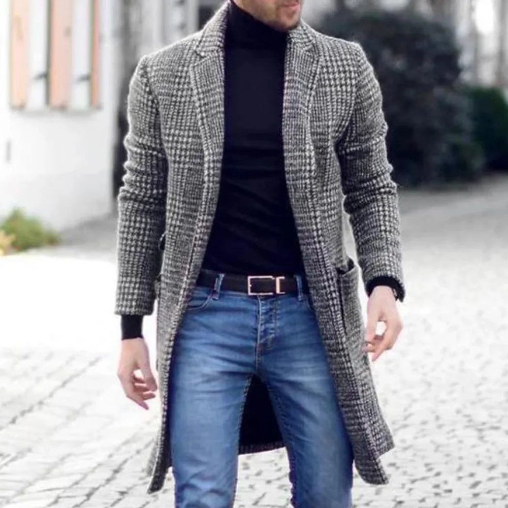 Flash Sale Men Fashion Plaid Wool Blends Office Causal Single Breasted Turndown Collar Thick Retro Plus Size Long Winter Coat M-3XL Gray