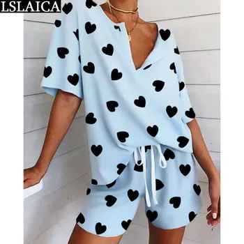 

Women sets 2020 solid color heart print top&drawstring short pant casual wild 2 piece outfits for women streetwear two piece set