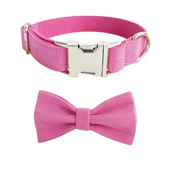

Bright Pink Color Dog Collar and Leash Set With Bow Tie Adjustable Metal Buttons For Cute Small Dogs and Cats
