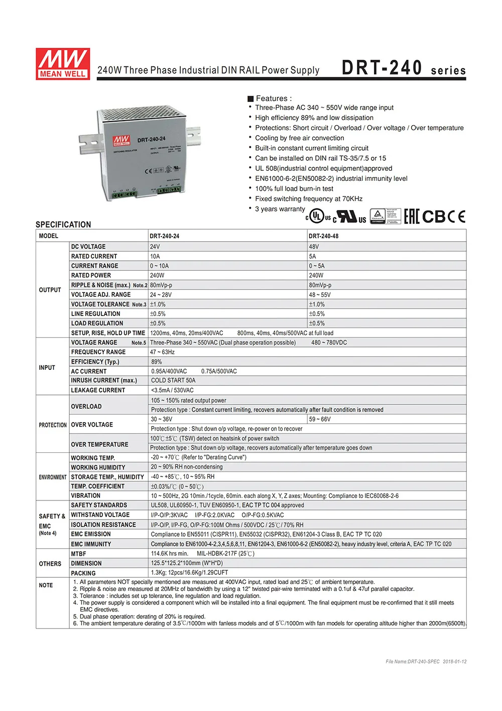 MEAN WELL DRT-240-48 240 Вт 48 В трехфазный din-рейка импульсный источник питания 48 В DC 5A блок питания PSU Трансформатор smps