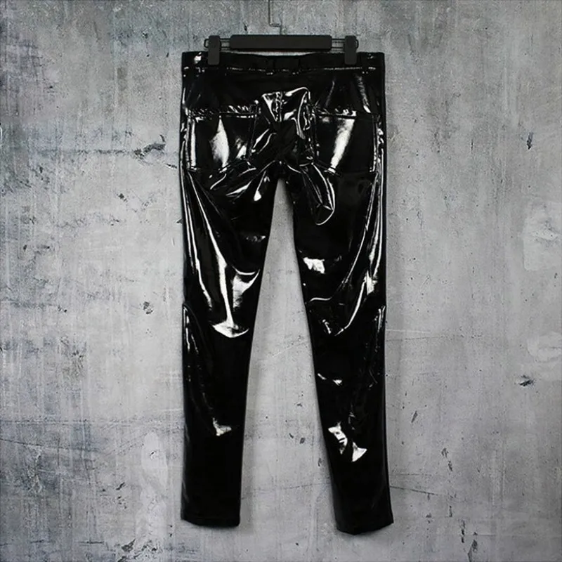 Hot Sexy Nightclub Wear Mens Bright PU Leather Trousers Spring Autumn Thin Male Skinny Black Pencil Pants Plus Size Costumes