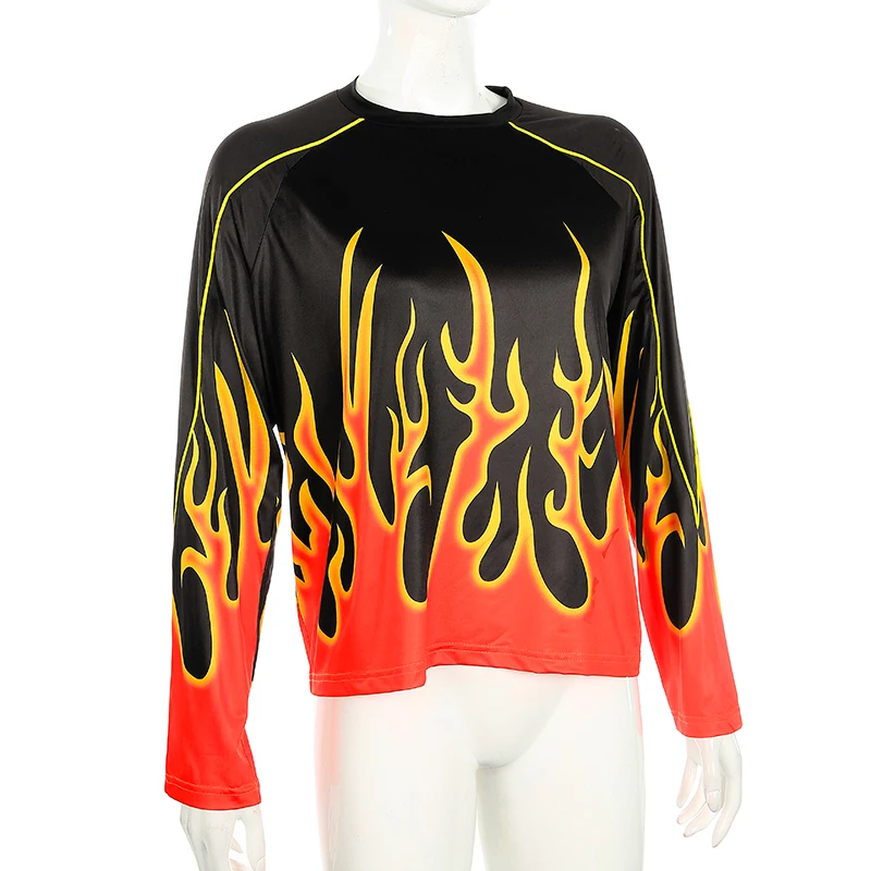HEYounGIRL с принтом огненного пламени Харадзюку, толстовка с круглым вырезом, женские повседневные пуловеры с длинным рукавом, уличный сверхразмерный худи для женщин