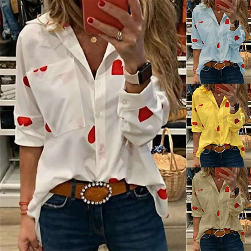 

Eight Sizes Women Heart Printed Long Sleeve Big Pocket Loose Single Breasted V Neck Shirts