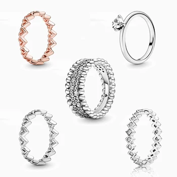 

2020 High Quality Silver 925 Rose Freehand Hearts Beaded Pave Band Clear Heart Solitaire Ring Original Woman Jewelry Gift