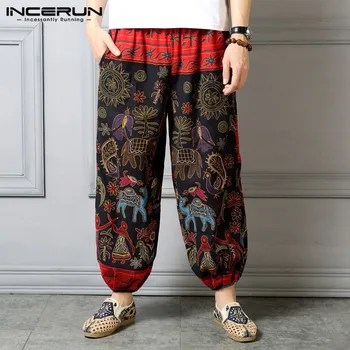 

INCERUN Vintage Printed Men Harem Pants Joggers Cotton Loose Thai Wide Leg Pants Baggy Ethnic Style Trousers Men Streetwear 2020