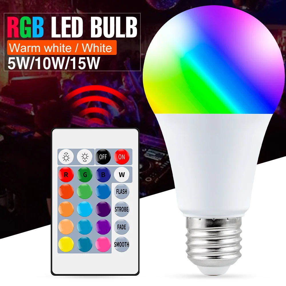 Волшебная Светодиодная лампа E27 RGB, меняющая цвет, 220 В, светодиодная лампа RGBW с регулируемой яркостью, 110 В, светодиодная лампа для украшения дома, 5 Вт, 10 Вт, 15 Вт rgb лампа e27 с регулируемой яркостью 16 цветов 220 в
