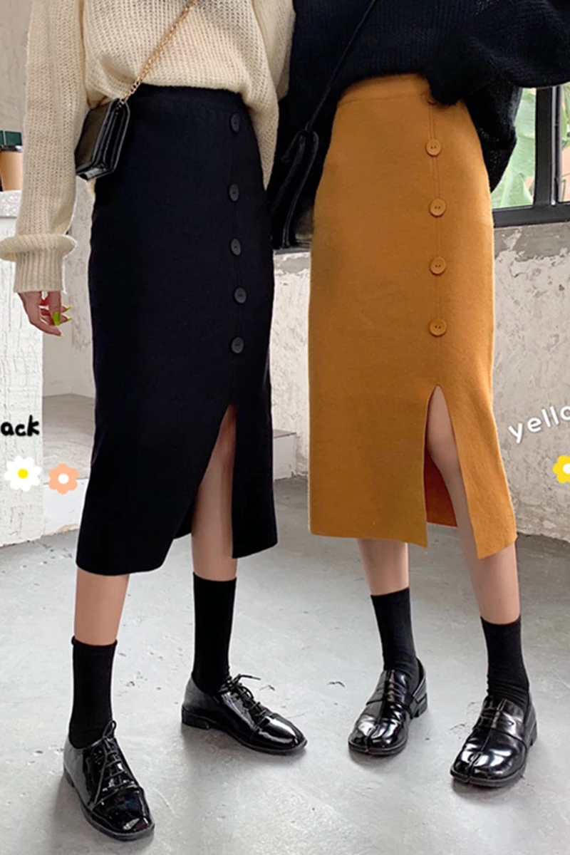 Skirtfaldas mujer moda осень зима корейский стиль женские трикотажные однотонные черные трапециевидные юбки с высокой талией женские