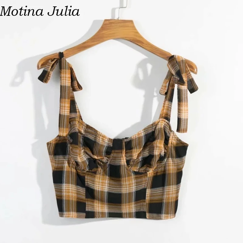 Motina Julia, сексуальные клетчатые короткие майки с бантом, женские весенние пляжные повседневные милые кроп-топы, женские летние элегантные топы на бретелях