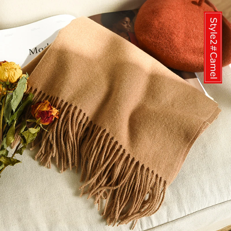 Style2 Camel Высокое качество кашемировые шарфы женские новые зимние плотные теплые мягкие пашмины Шали Обертывания Твердые женские шерстяные длинные шарфы с кисточками - Цвет: Style2 Camel