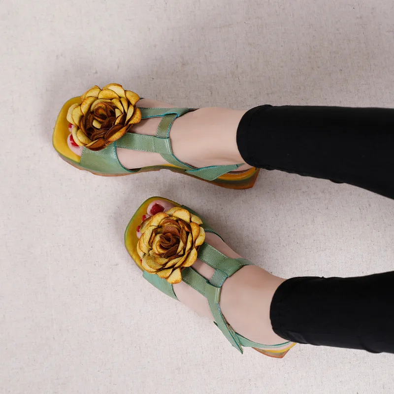 Genuine Leather Hand Painted Women Wedge Sandals Retro Flower Soft Ankle Strap Platform Sandal Retro Summer Lady Shoes High Heel (12)