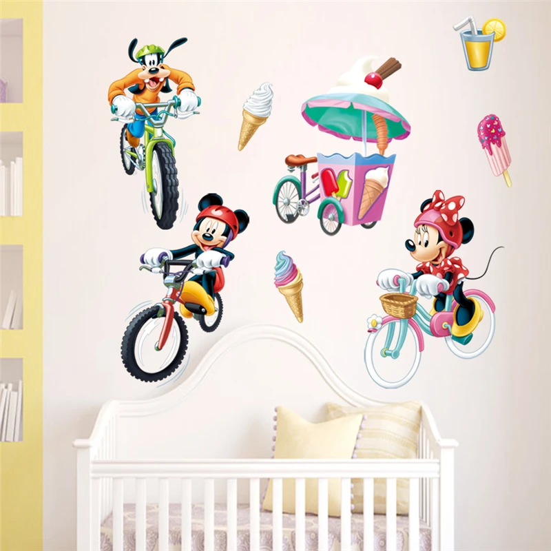 Disney Микки Минни Гуфи для езды на велосипеде наклейки на стену для детей комнаты мультяшное украшение для дома наклейки на стену ПВХ художественная Мураль Сделай Сам плакаты