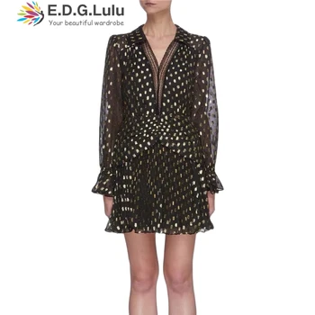 

EDGLuLu Golden Polka Dot Print Mesh Mini Ruffle Dress Elegant Lady V-neck Long Sleeve Party Dress Fall Clothes For Women 1020