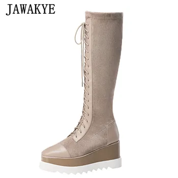 

Platform Elastic Long Boots Women Square Toe Wedges Heels Knee High Boots Woman Cozy Lace Up Real Leather Apricot Black Boots