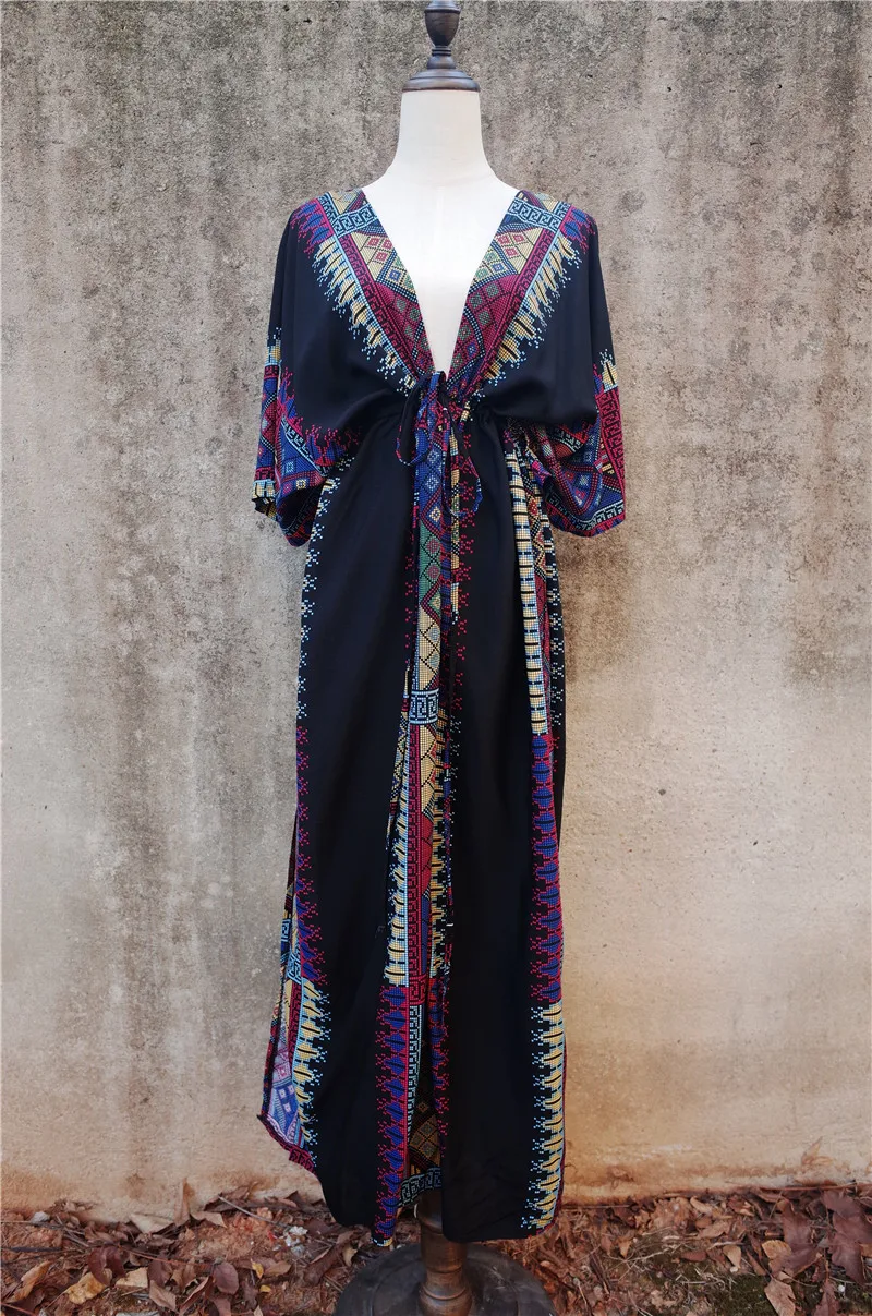 Черное индийское народное турецкое кафтановое пляжное платье, сексуальное женское летнее платье с v-образным вырезом на спине и полурукавом размера плюс N645