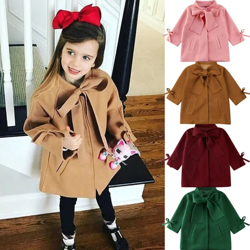Зимнее теплое шерстяное пальто с бантом для маленьких девочек, однотонное пальто с длинными рукавами, верхняя одежда, куртка От 2 до 8 лет