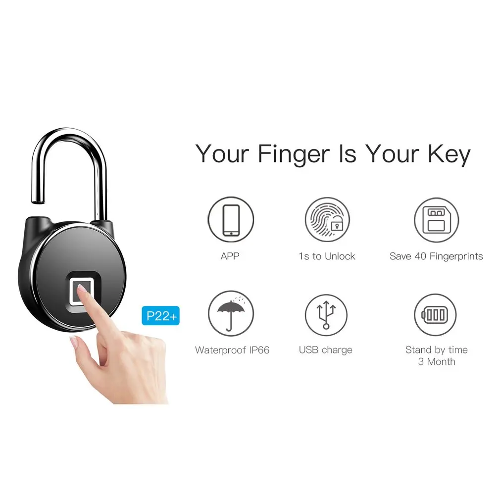 bluetooth Rechargeable Smart Lock Keyless Fingerprint Lock IP66 Waterproof Anti-Theft Security Padlock Door Luggage Lock FLP22+
