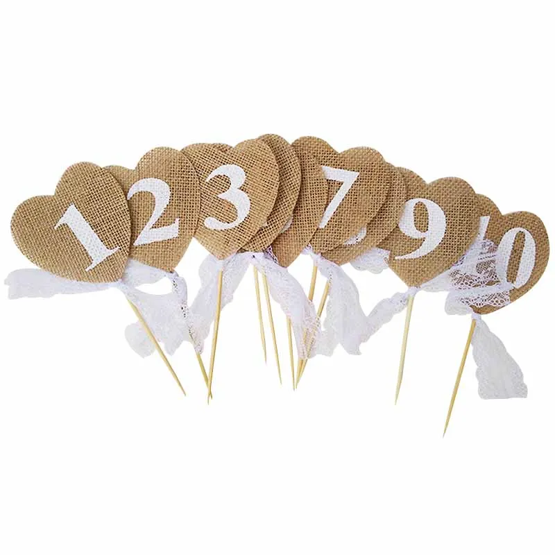 

10pcs/Set Burlap Lace Number Cake Topper Birthday Cupcake Topper For Birthday Wedding Anniversary Party Cake Decorations Diy