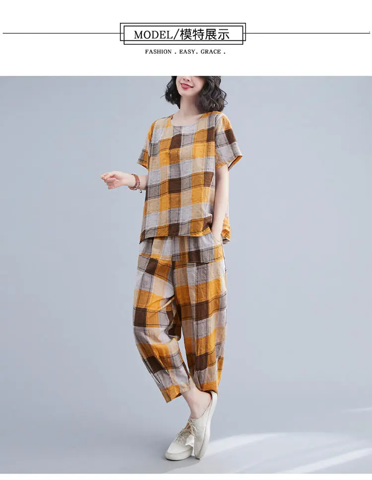 Suit Female Women Set 2022 New Version Summer Large Size Plaid Two-piece Retro Casual Pants Loose Top Two-piece Set matching lounge set