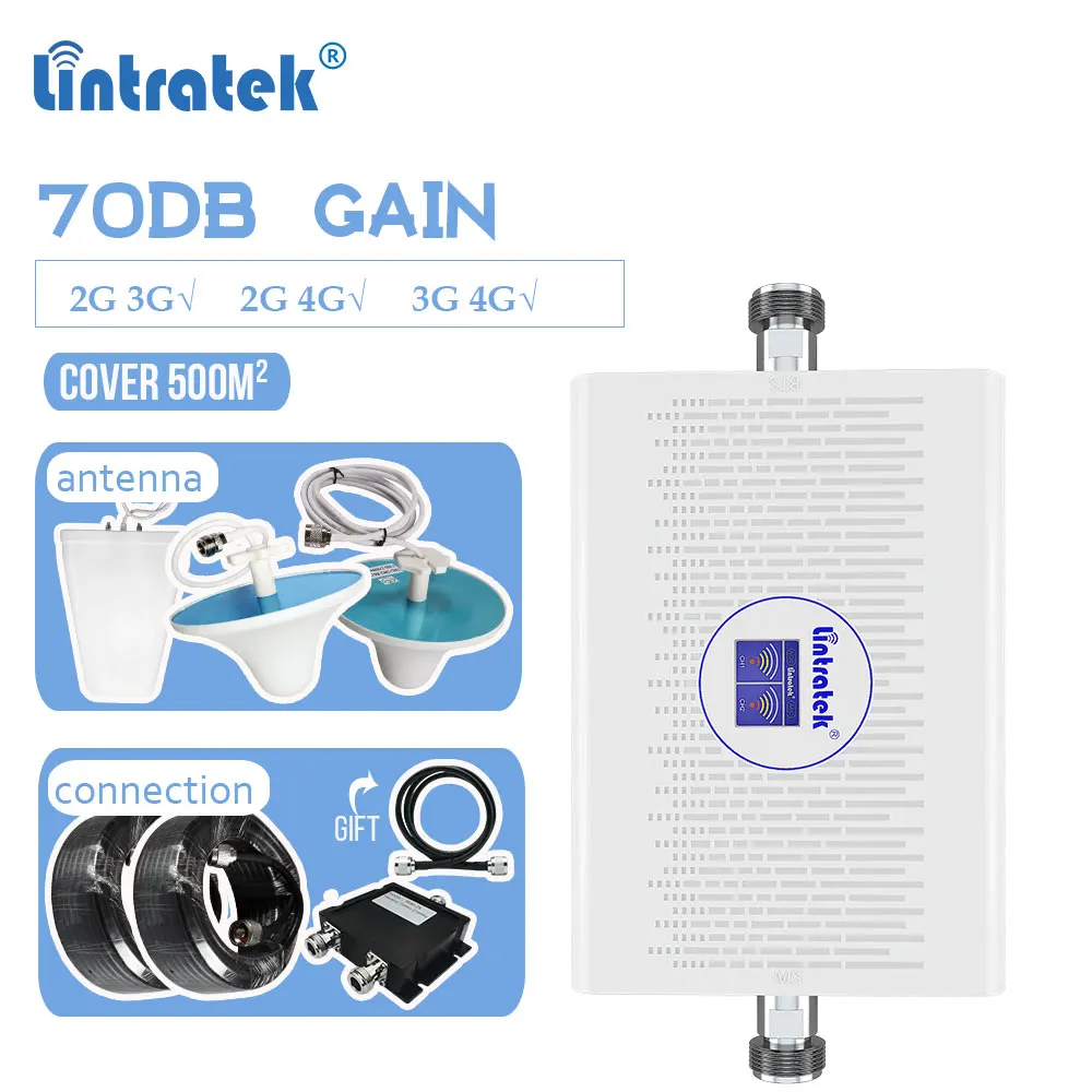 

Lintratek 70db 1800 2100mhz 3g 4g LTE dual band DCS WCDMA AGC cell phone signal booster GSM 2g 4g 1800 repeater amplifier kit fs